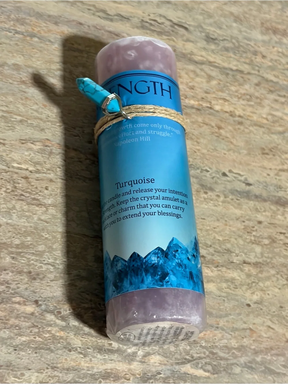 Strength Lavender Pillar Candle with Turquoise Charm with twine for a necklace.